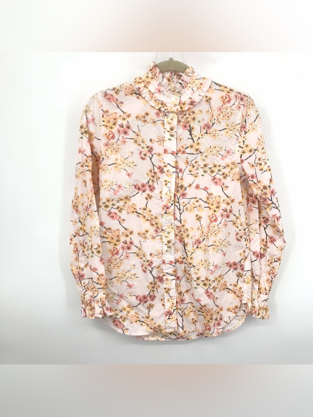 J Crew Women Size 0 Small Shirt Button Down Top Pink Cherry Blossoms Cotton